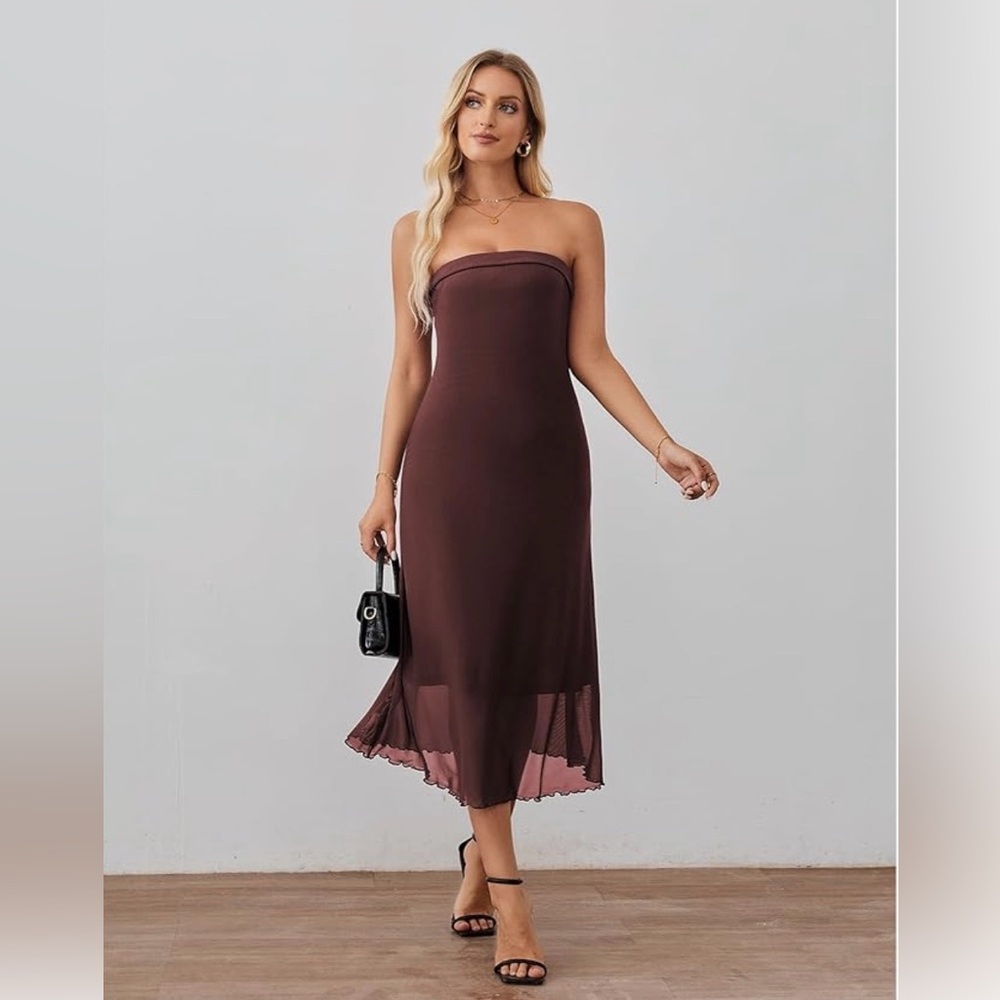 NWT Women's Midi Tube Dress Strapless Mesh Casual Elegant Party Cocktail Dresses